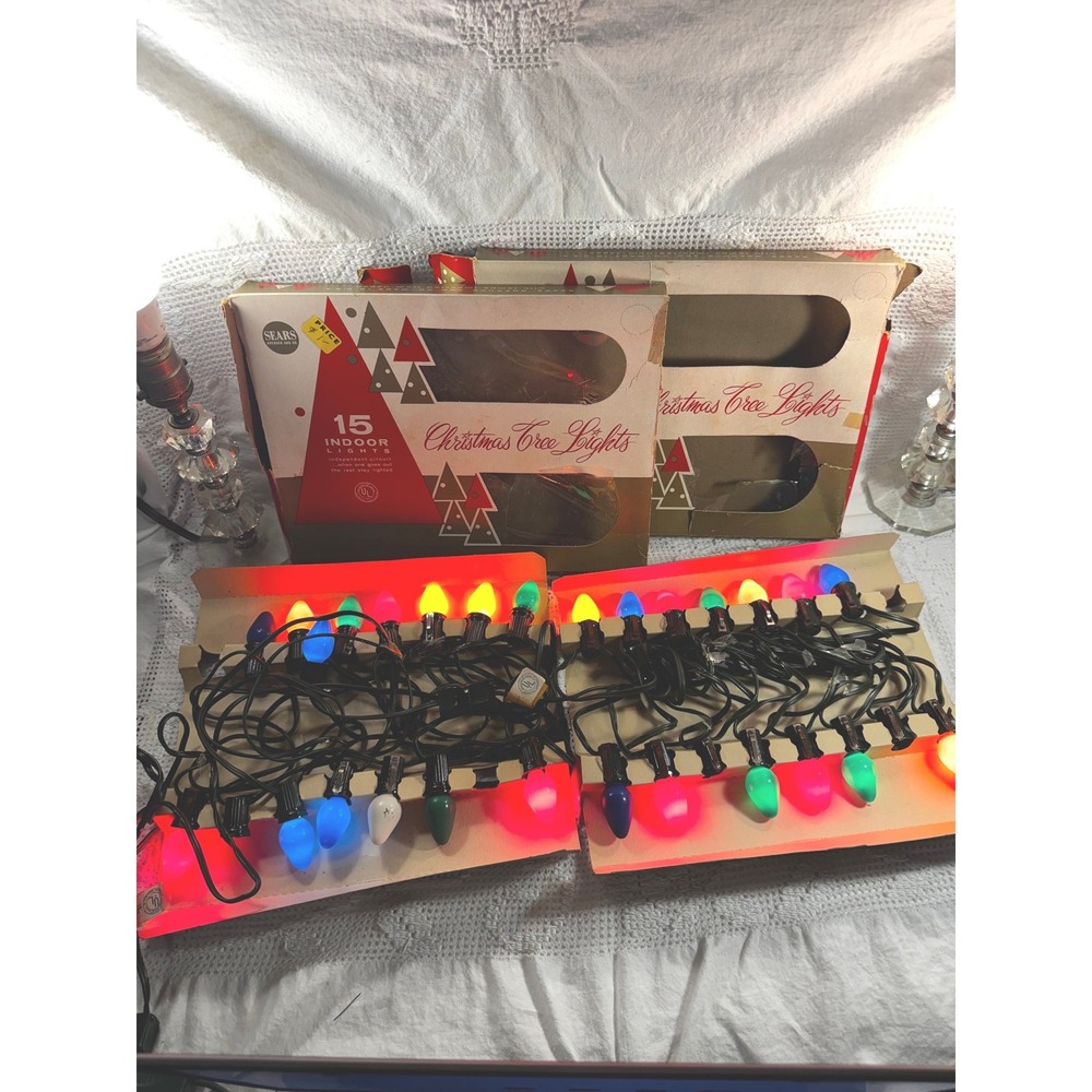 Vintage Sears 15 Indoor Christmas Tree Lights 2 Sets Working Extra Bulbs Boxes